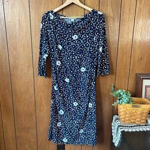 Pendleton Navy White Floral Print Cowl Neck 3/4 Sleeve Midi Dress Women Career